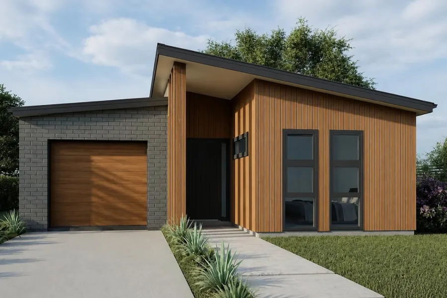 3-bedroom home, Lot 5 Kotare Heights, Te Awamutu, artist's impression 3 of 3: cedar vertical cladding with grey brick