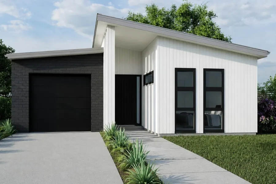 3-bedroom home, Lot 5 Kotare Heights, Te Awamutu, artist's impression 2 of 3: white vertical cladding with charcoal brick