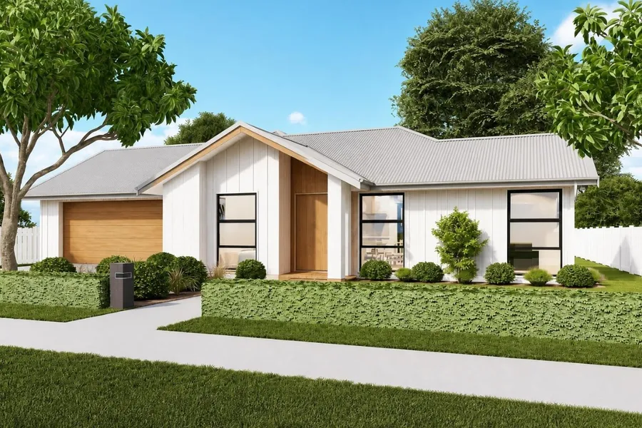 3-bedroom home, Lot 93 Frontier Estate, Te Awamutu, artist's impression 2 of 3: white vertical cladding with a timber garage door and light grey roof