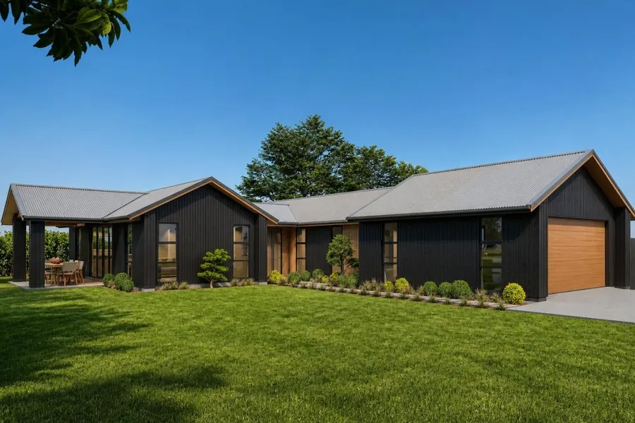3-bedroom home, Lot 8 Thorncombe Park, Te Awamutu, artist's impression 2 of 3: black vertical cladding with cedar accents and a timber garage door