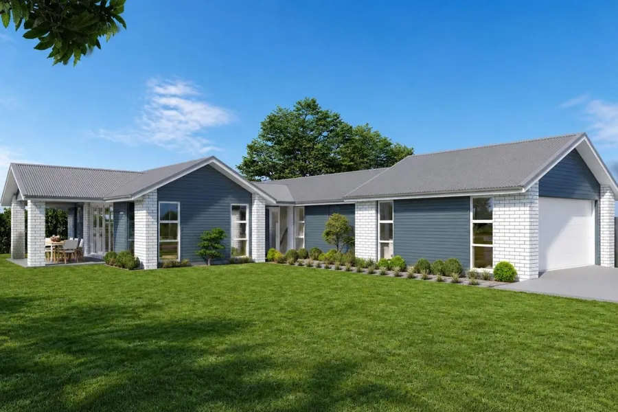 3-bedroom home, Lot 8 Thorncombe Park, Te Awamutu, artist's impression 3 of 3: slate blue weatherboard with white brick and white joinery