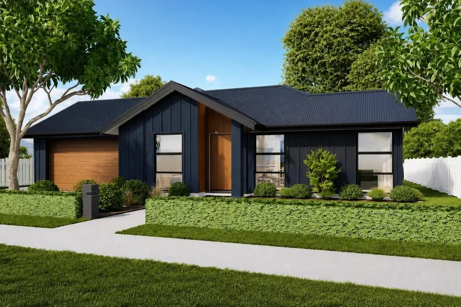 3-bedroom home, Lot 93 Frontier Estate, Te Awamutu, artist's impression 3 of 3: ink navy vertical cladding with a charcoal roof and cedar front door and garage door