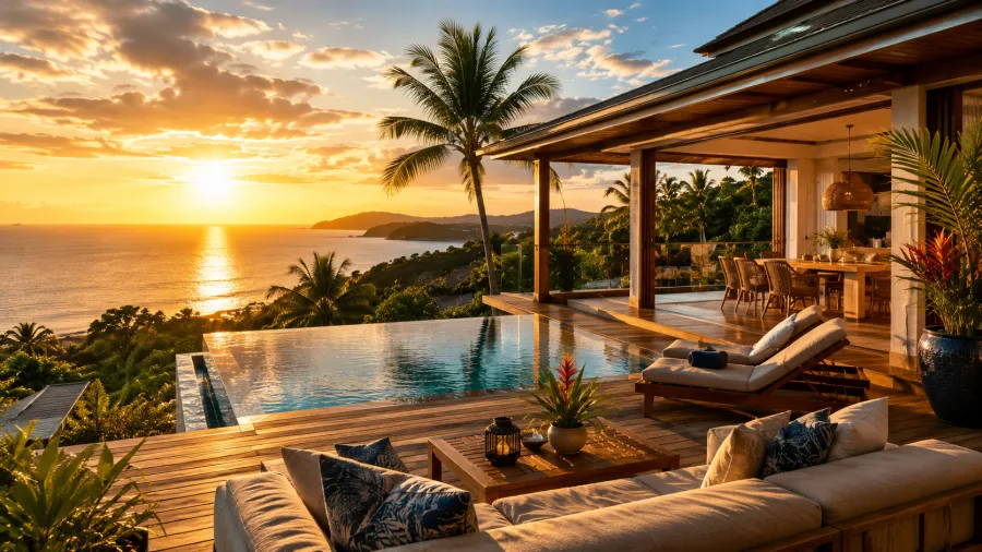 Villa avec piscine et palmiers en Martinique au coucher du soleil, zone d'intervention 972