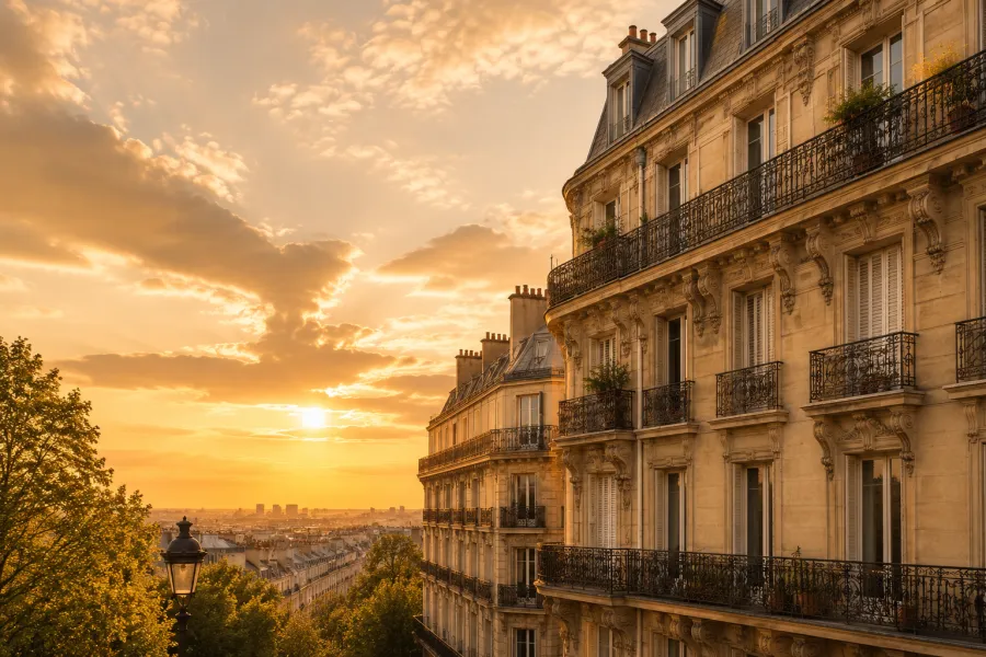 Immeuble haussmannien parisien au coucher du soleil, zone d'intervention Île-de-France