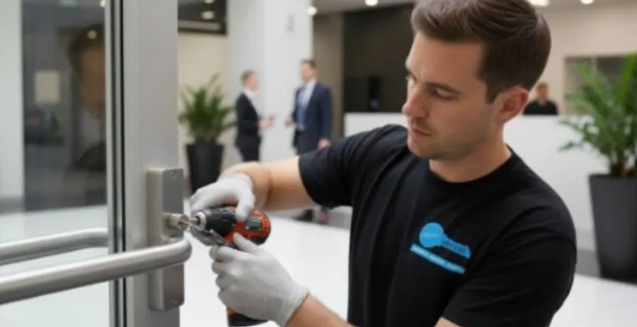 Affordable Lock & Key locksmith installing a lock on a commercial glass door
