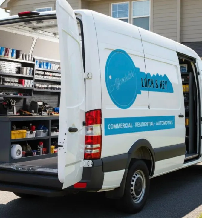 Affordable Lock & Key mobile locksmith van with its rear doors open and shelves of tools and hardware