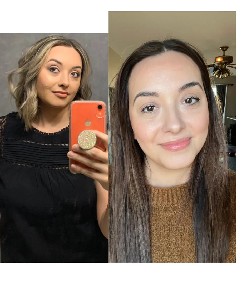 Bethany before, in black with blonde hair, and after, in warm brown with brunette hair