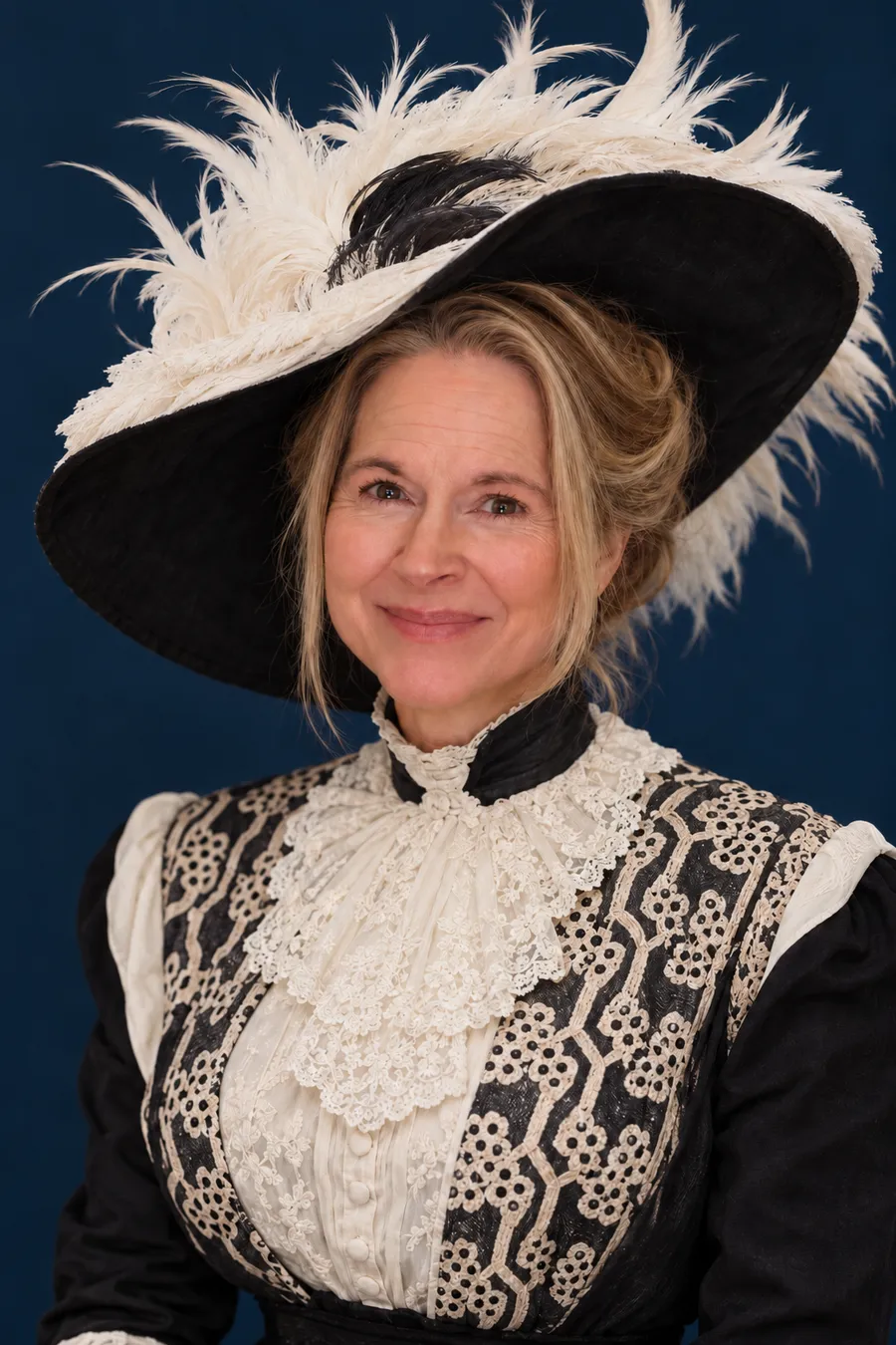 Diana Brittain Thompson as Molly Brown in a feathered Edwardian hat and lace collar