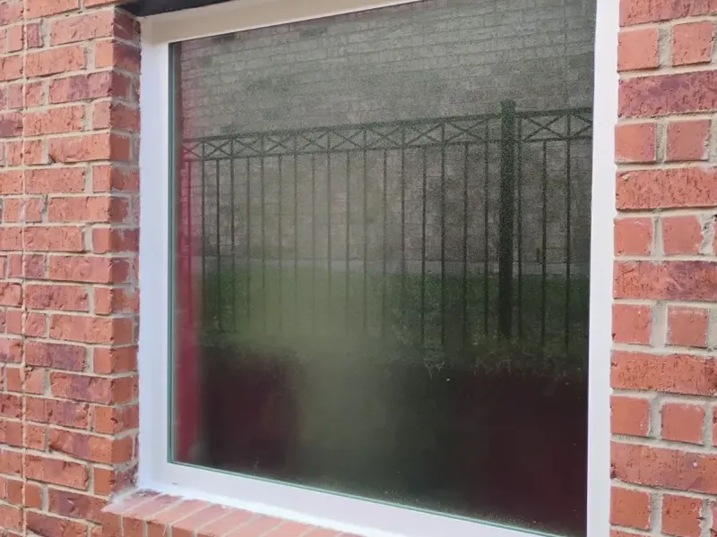 Privacy glass window on a red brick DFW home