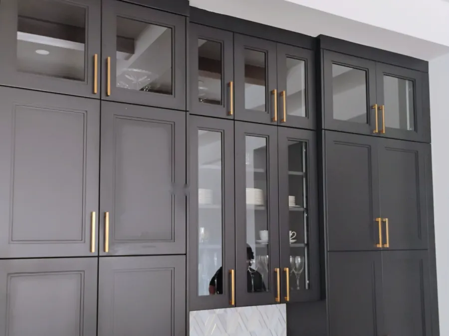 Full wall of dark cabinets with glass doors