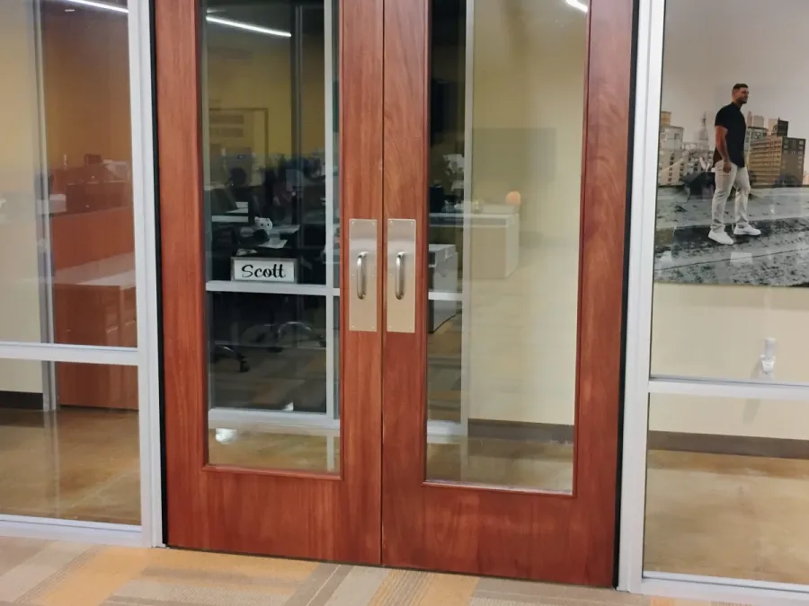 Wood double doors with full glass lites