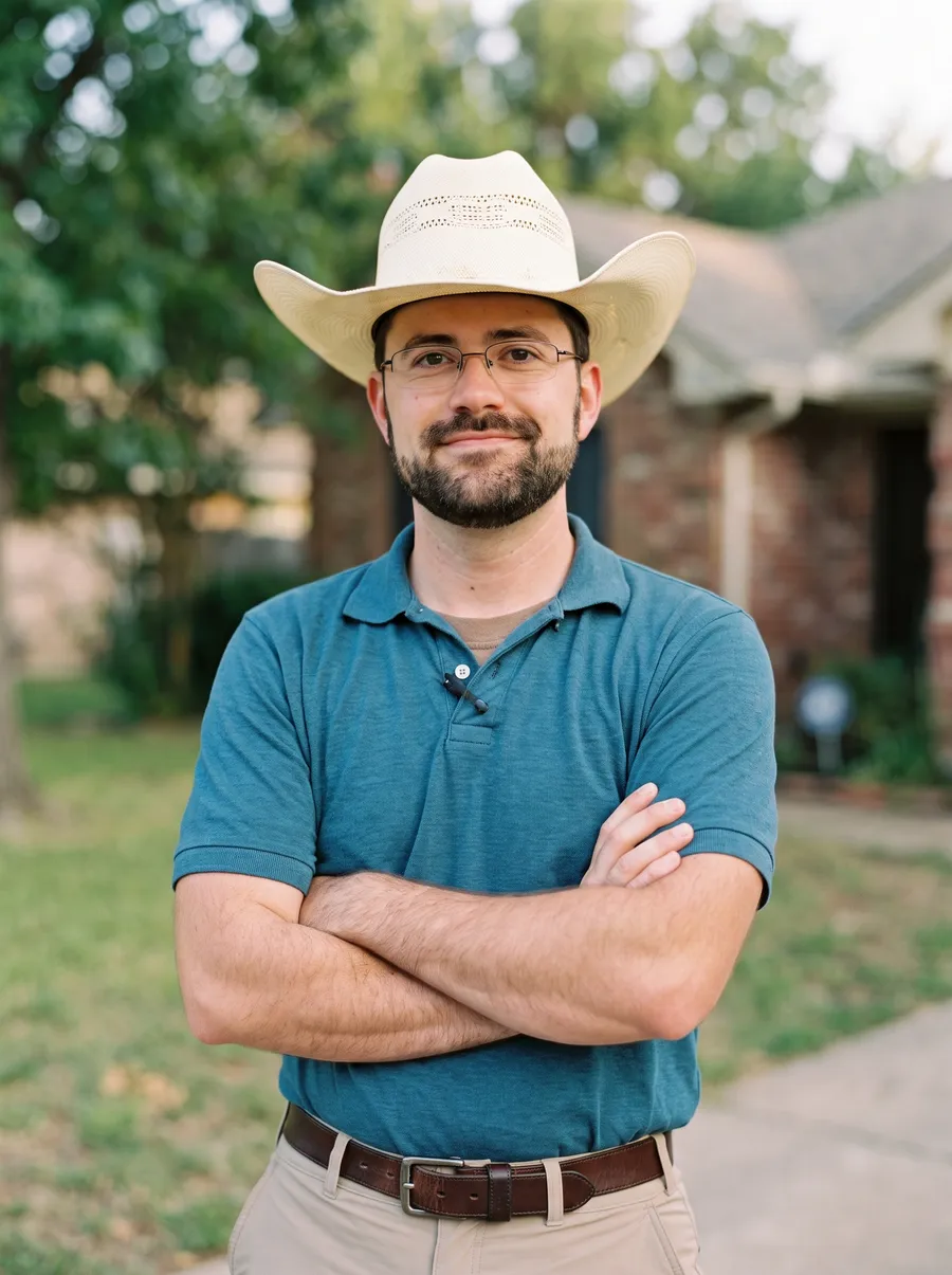 Andy Hurley in a teal polo and straw cowboy hat, standing in front of a brick house