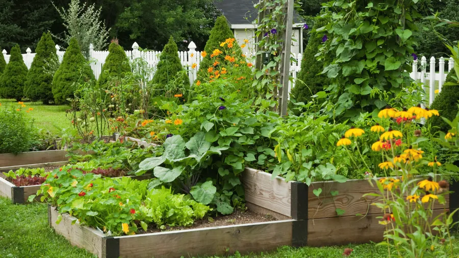 Raised garden beds full of vegetables and flowers