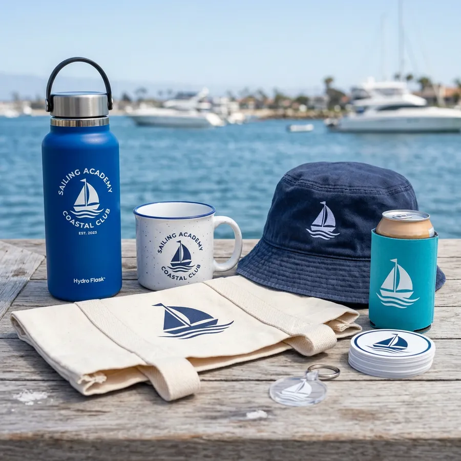 Concept mockup of branded marine lifestyle products: bottle, mug, bucket hat, tote and stickers