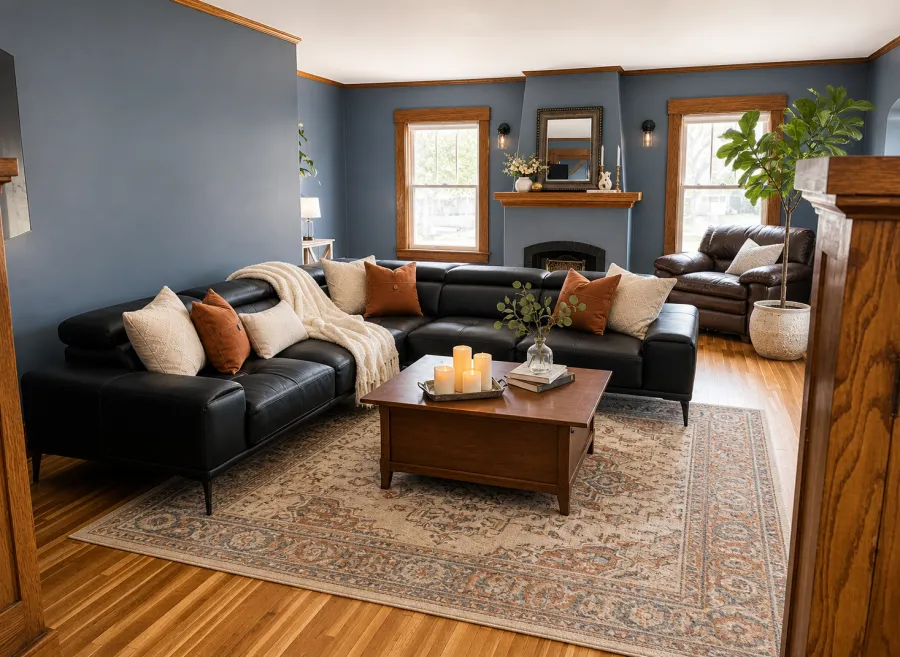 Main floor living room with a fireplace, hardwood floors and large windows