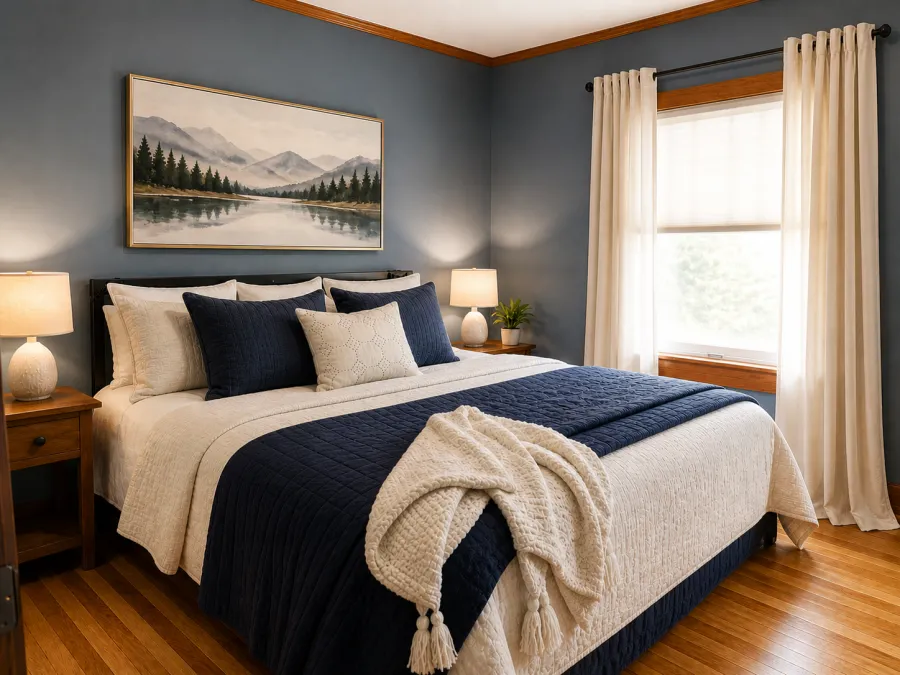 Main floor bedroom with hardwood floors and a large window