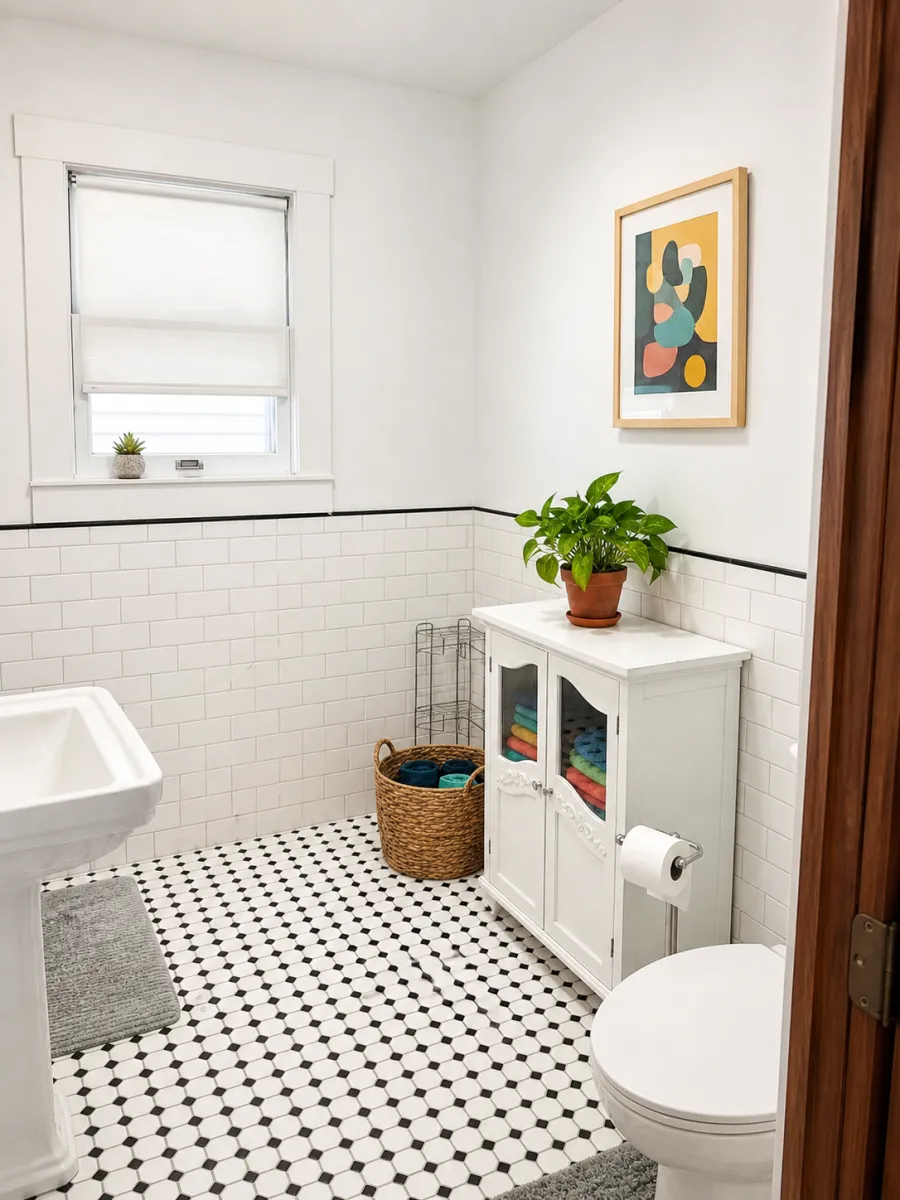 Bathroom with white subway tile and a black and white tile floor
