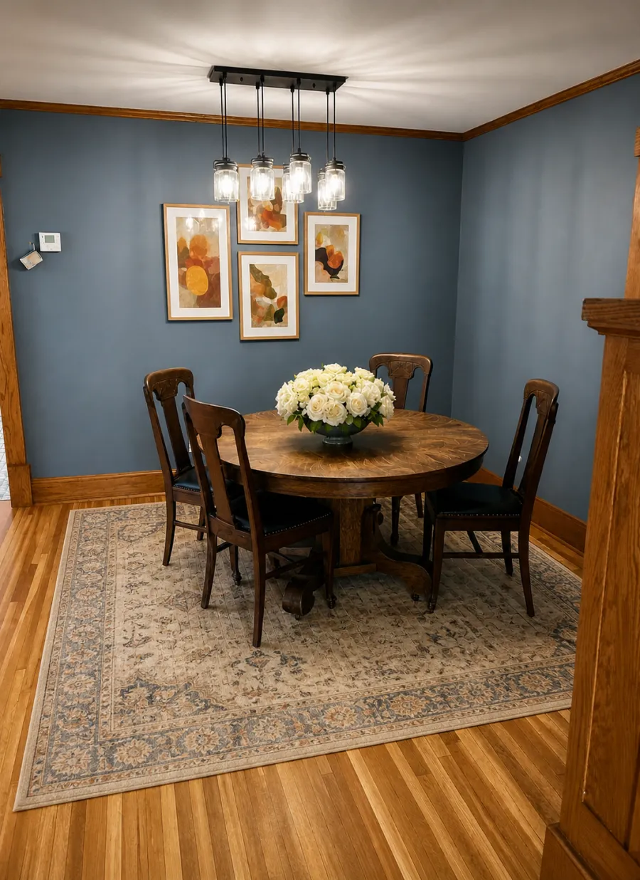 Dining area with a hanging light fixture and blue walls