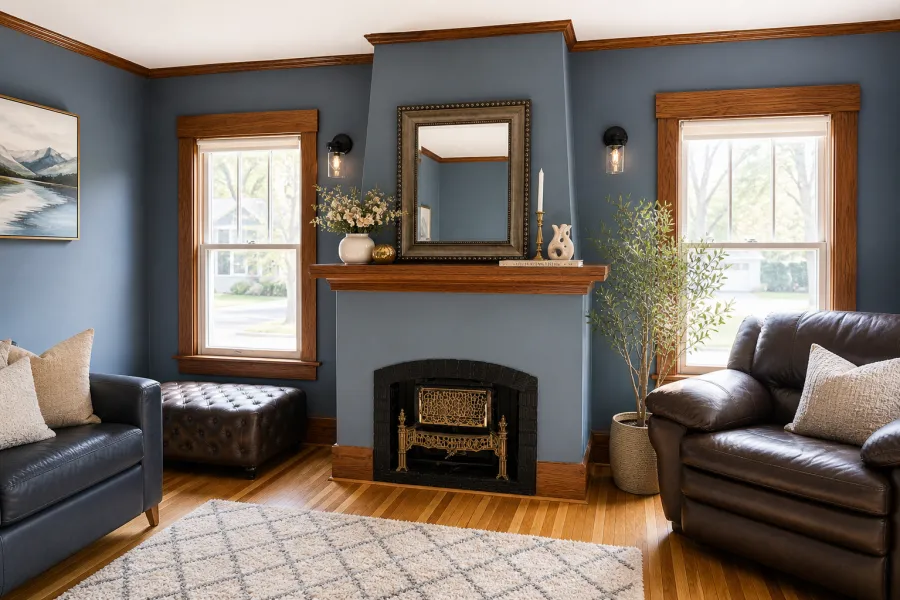 Fireplace with wood trim and wall sconces on the main floor