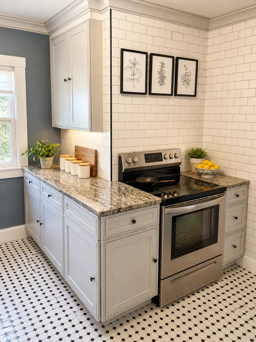 Kitchen counter, range and white tile wall