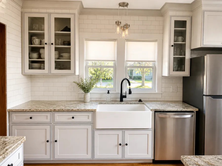 Main floor kitchen with white cabinets and two windows over the sink