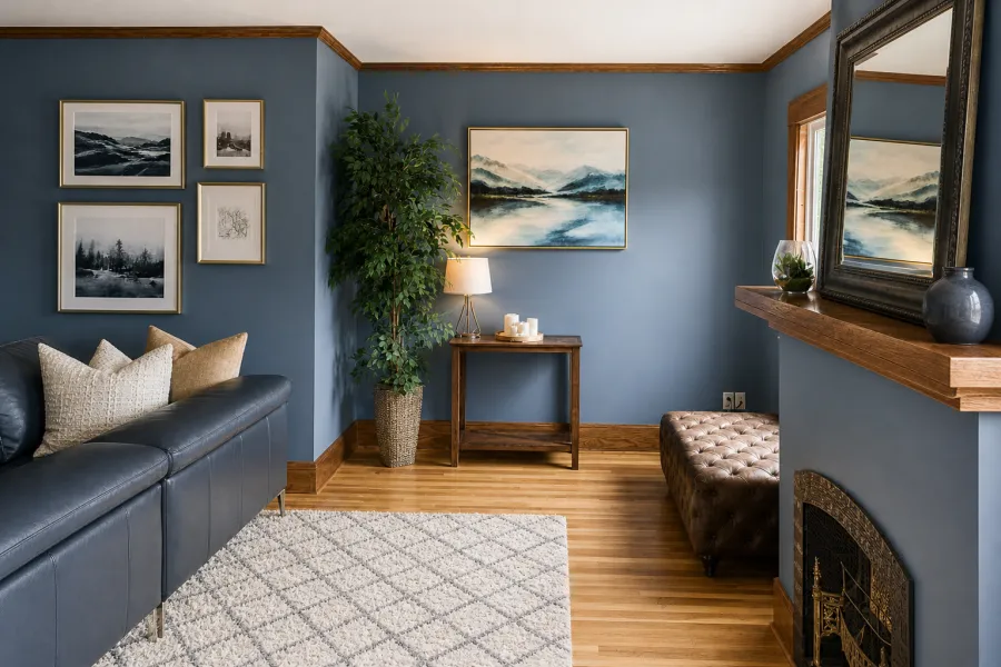 Main floor room with blue walls, wood trim and hardwood floors