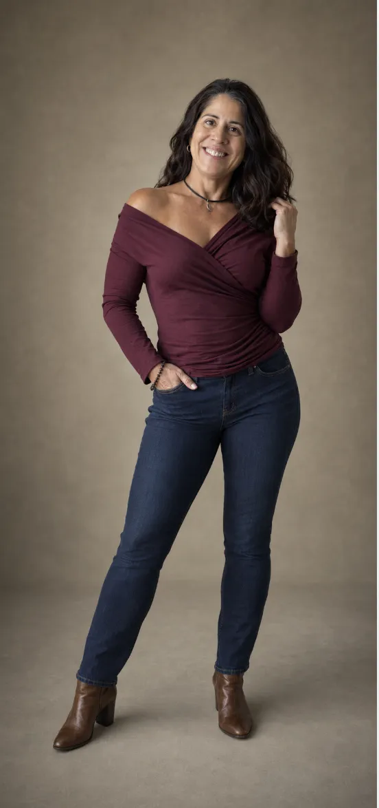 Olinda Branch smiling, in a burgundy top and jeans