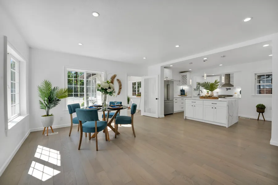 Open living, dining and kitchen after a whole-home remodel