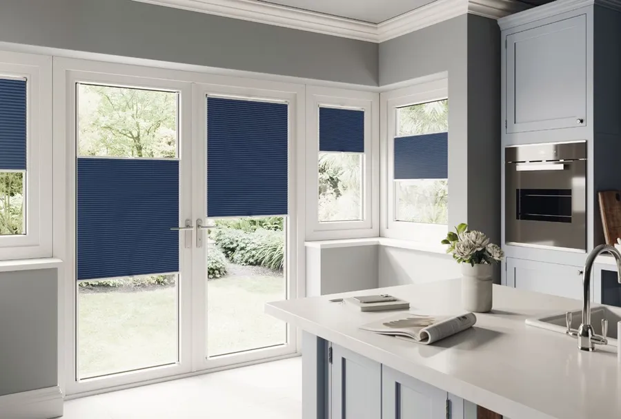 Navy top down bottom up pleated blinds on French doors in a kitchen, Eclipse SBC serving Bingham