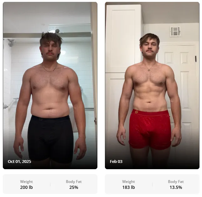 Siyuan progress photos: 200 lb and 25% body fat, then 183 lb and 13.5%