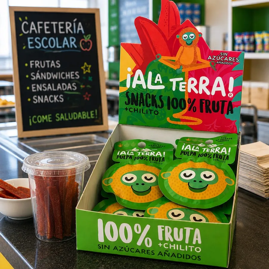 Display de pulpa ¡Ala Terra! en una cafetería escolar