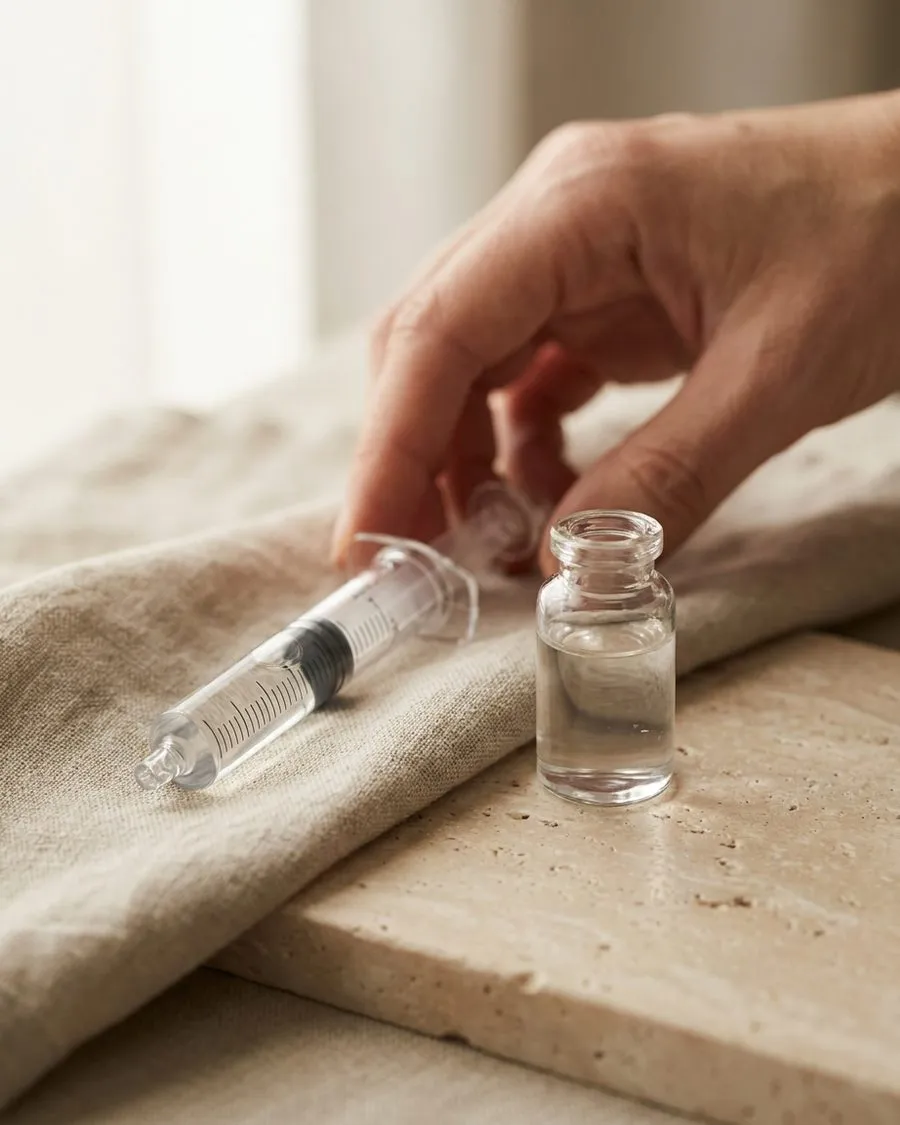 Seringa e frasco de gel sobre bancada de pedra