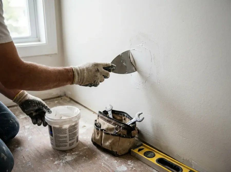 Gloved hands patching a drywall wall with a putty knife, joint compound bucket and tool bag on the floor
