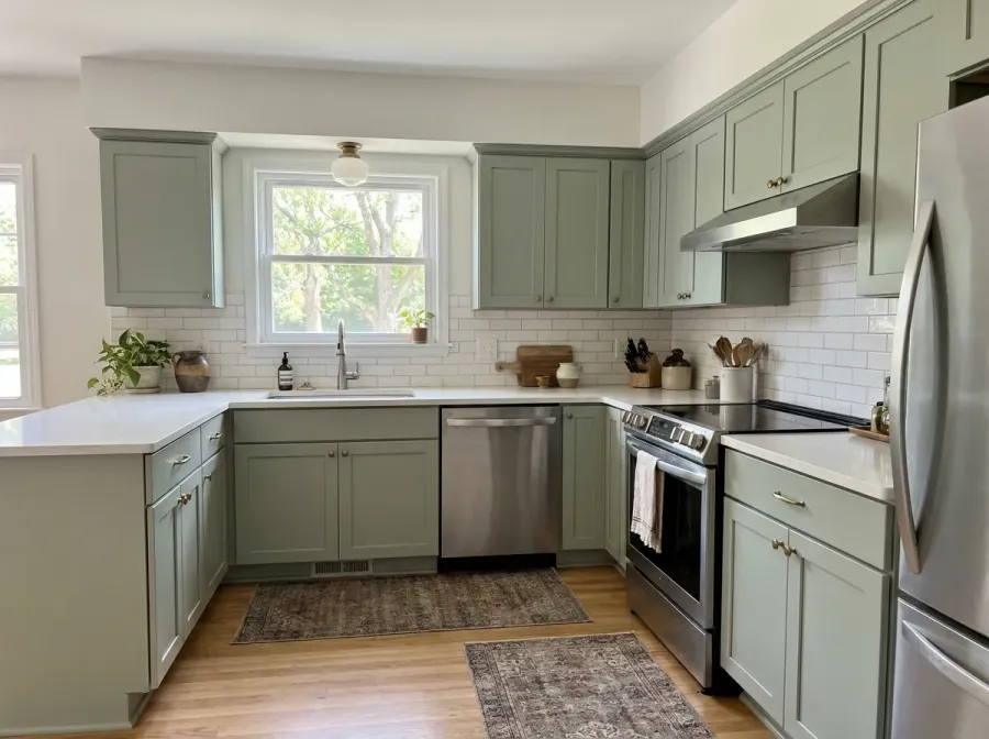 Renovated kitchen with sage green shaker cabinets, white countertops, subway tile and a window over the sink