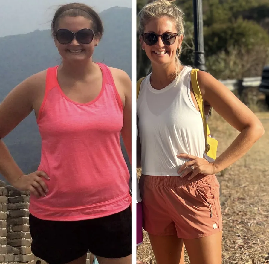 A Fast to Faith woman before and after her journey, smiling outdoors