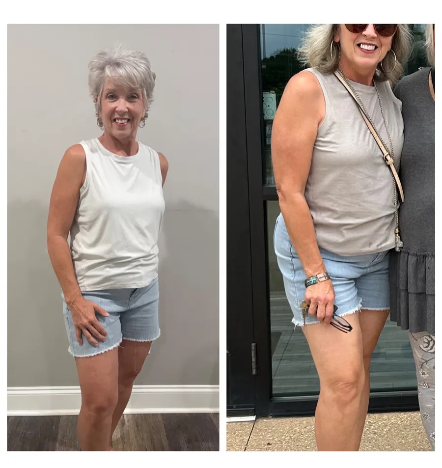 A Fast to Faith woman before and after, smiling in a doorway