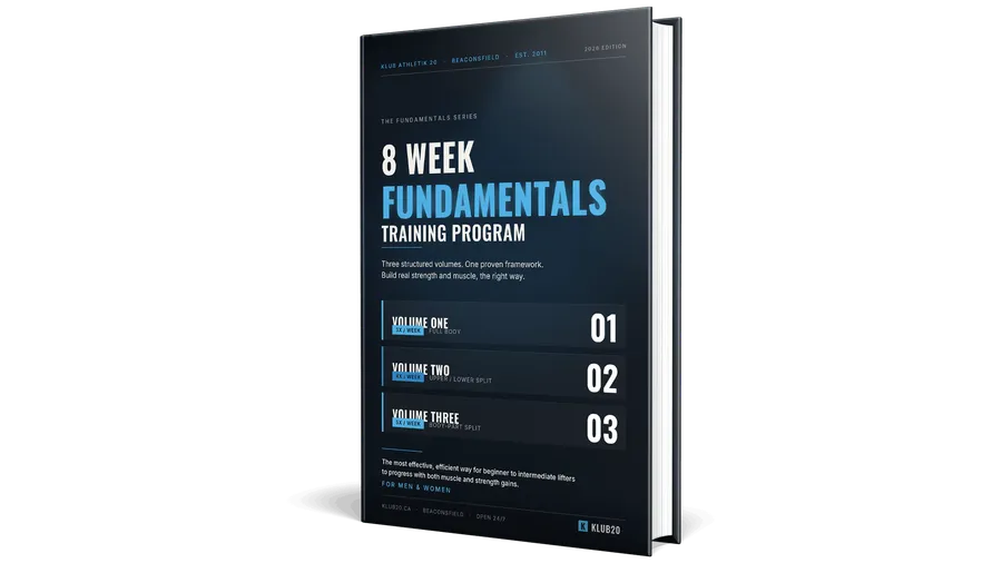 The 8 Week Fundamentals Training Program book: Volume 1 (3x a week, full body), Volume 2 (4x a week, upper/lower) and Volume 3 (5x a week, body-part split)