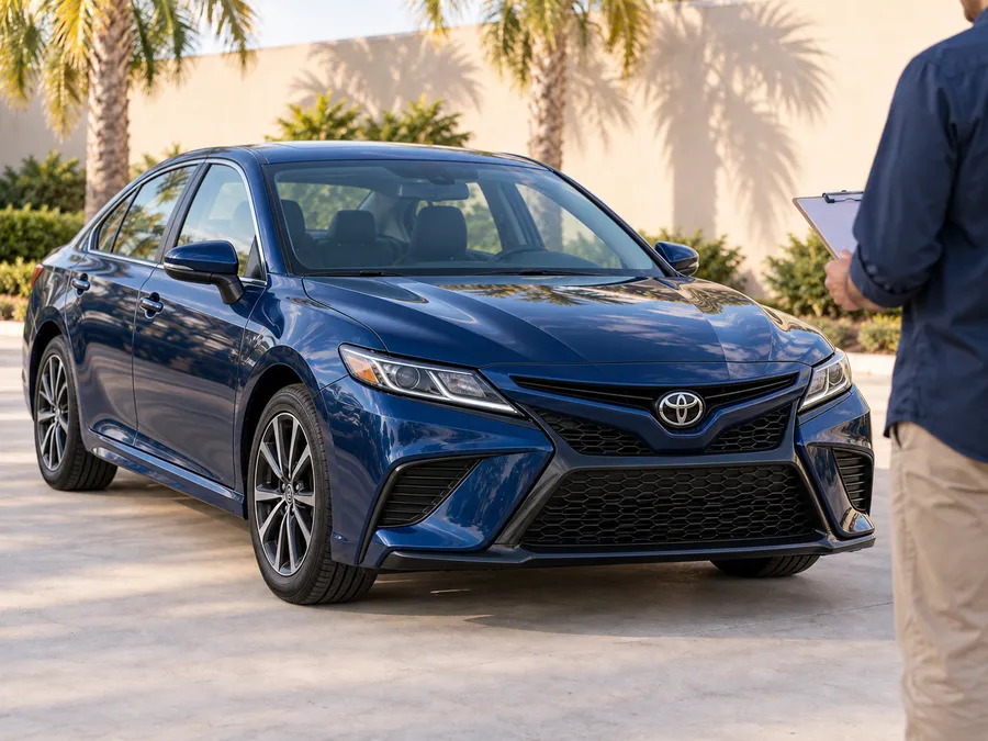 AI-generated blue Toyota Camry beside a person holding a clipboard