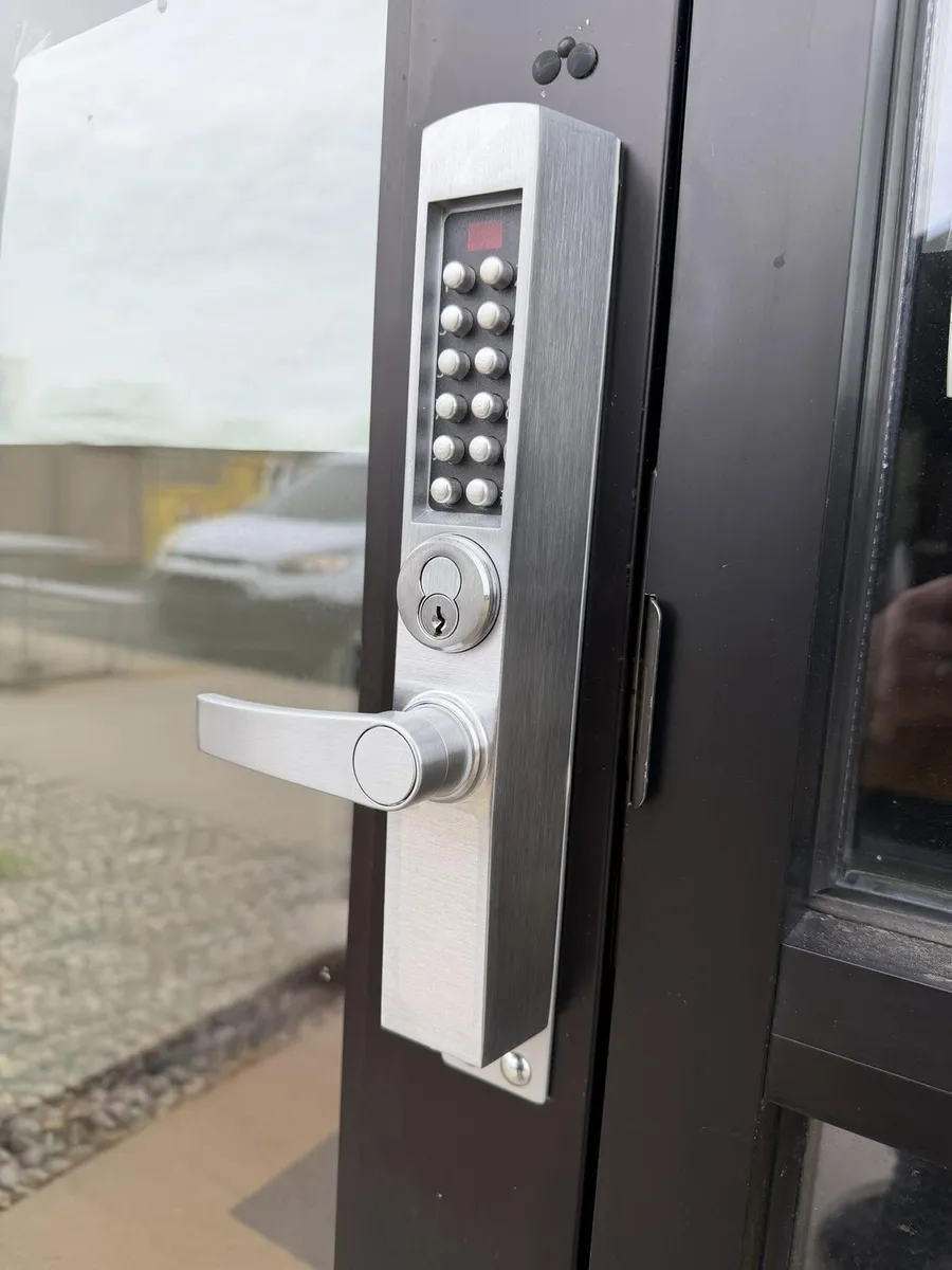 Keypad lever lock on a commercial glass door