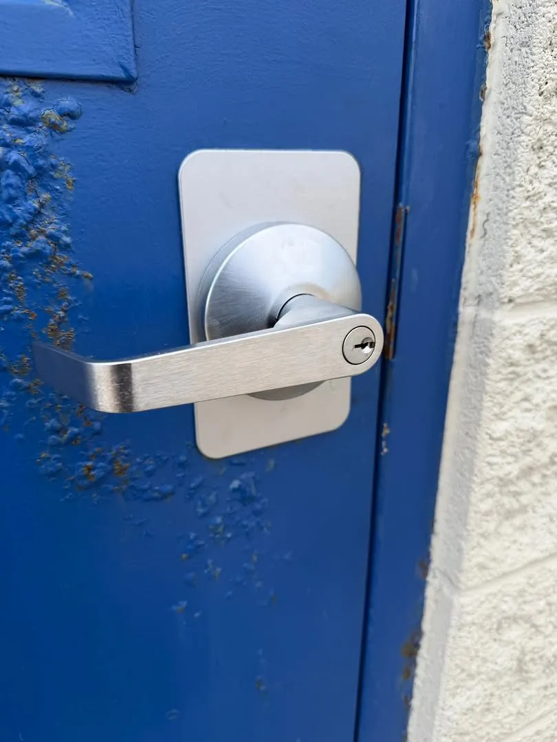 Commercial lever lock on a blue steel door