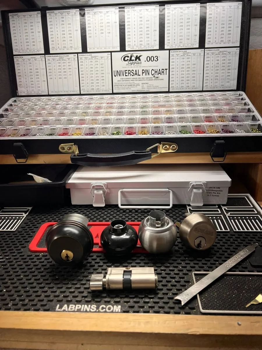 Rekeying kit with a pin chart and lock cylinders