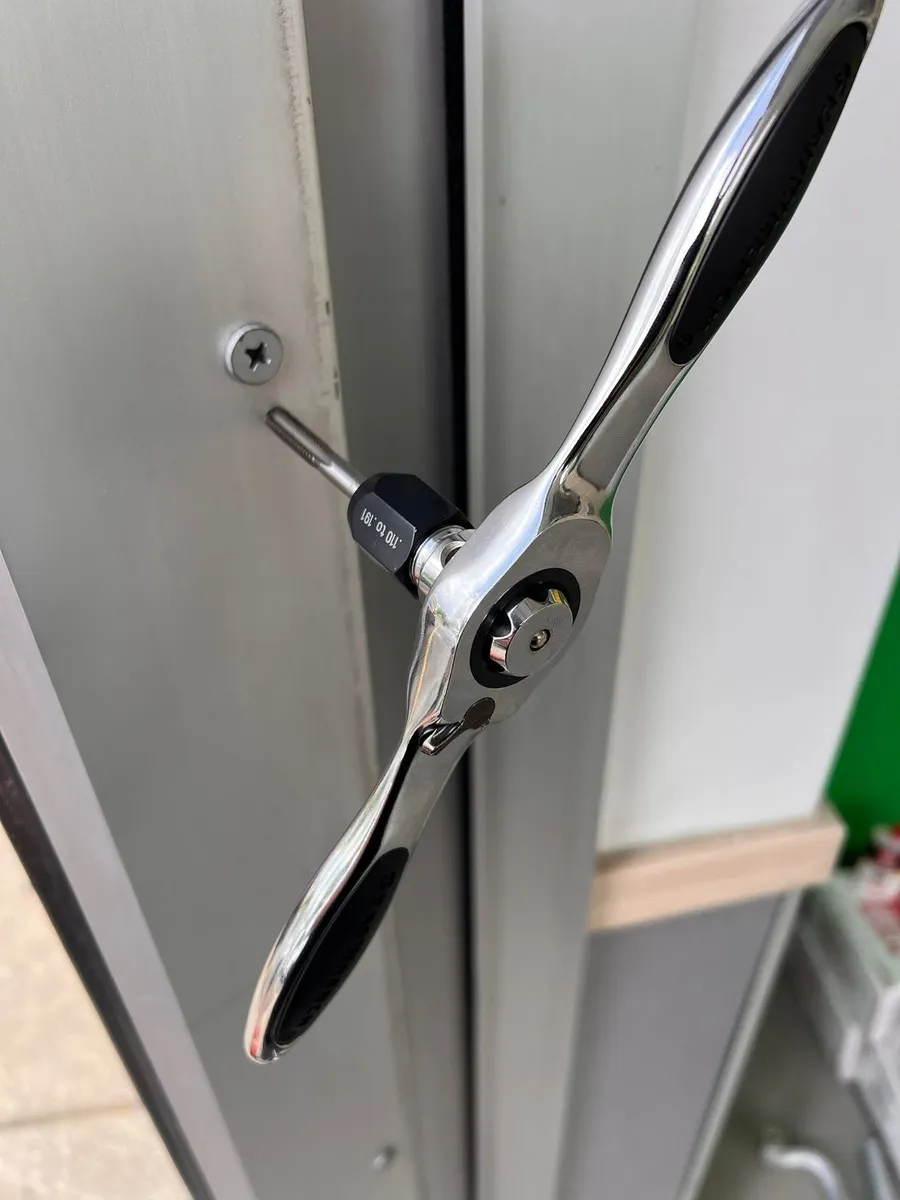 Lever handle on a commercial door