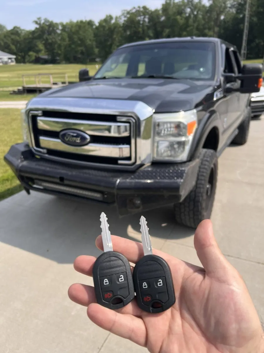 Two remote head keys for a black Ford Super Duty
