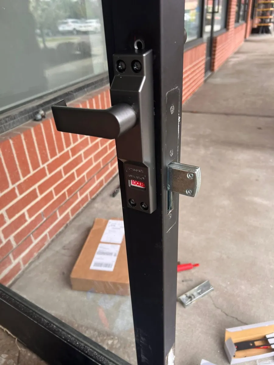 New lock hardware on a storefront door