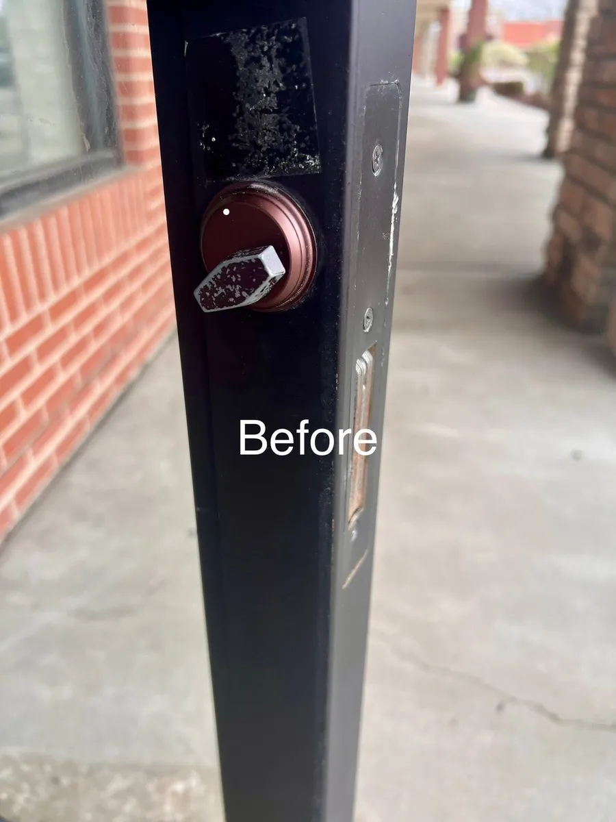 Storefront door lock cylinder before replacement