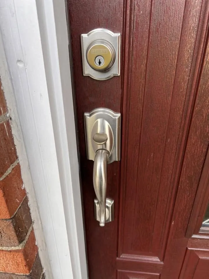 Schlage deadbolt and handleset on a red front door