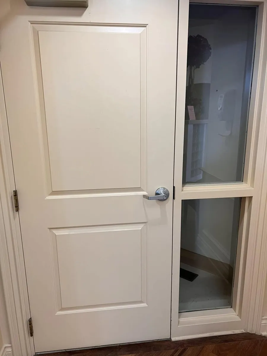 Commercial door with a sidelight and lever