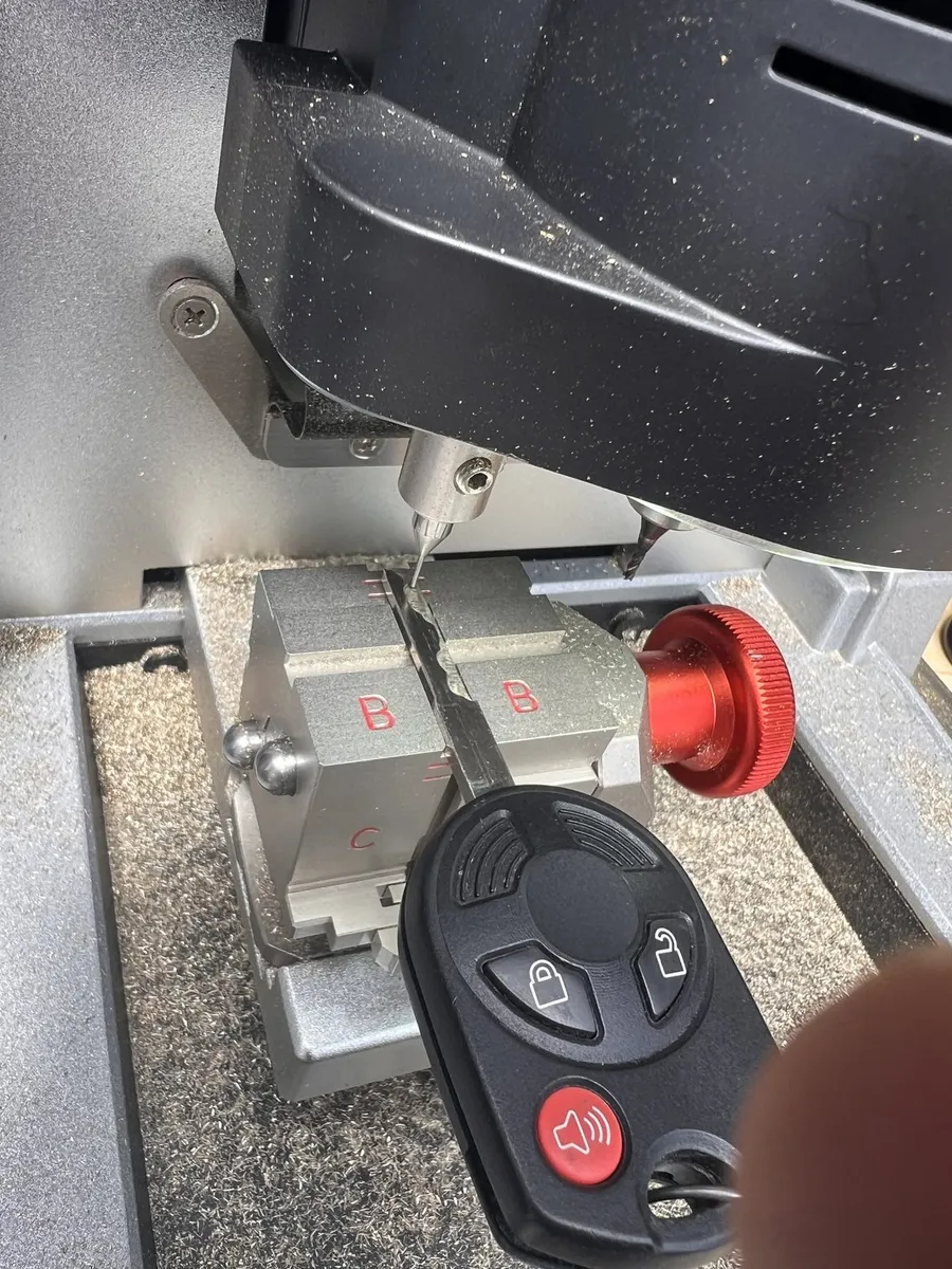 Ford remote head key in a key cutting machine