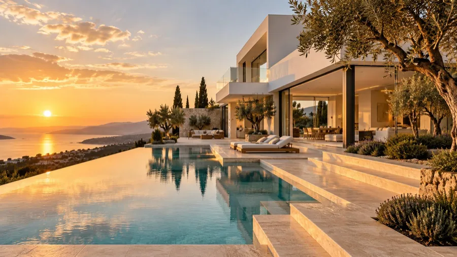 Residencia moderna de lujo al atardecer