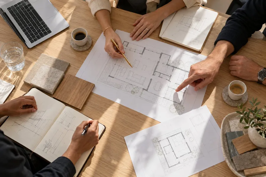 Mesa de trabajo con planos y notas de una mentoría